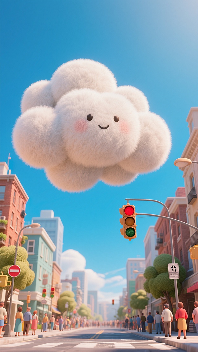 可爱卡通风格，拟人化云朵微笑飘浮，城市街道充满童趣。