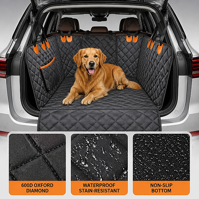 「图片1」，生成一套主图（5张），商品名称是Dog Car Seat Cover for Back Seat, Waterproof Pet Car Seat Protector Hammock，卖点是黑色菱形格纹600D牛津布材质，橙色皮革加固扣件，防水防污表面，全车吊床式设计覆盖后座与两侧车门，预留安全带插孔，网状收纳口袋，底部防滑设计，适配轿车SUV及MPV车型，60秒快速安装，适配亚马逊/跨境平台，主图比例为1:1