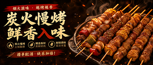 调整第二张720x240烧烤海报的文字内容，调整排版和文案表述，不要和第一张重复，保留整体暖棕炭烤风格和720x240尺寸不变