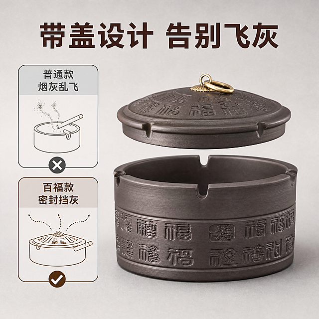 [主图-2] 带盖防飞灰功能卖点展示图。[氛围风格] 新中式实用展示风，干净清晰。[画质] 商业摄影质感，产品细节清晰，画面干净高级。[元素] 紫砂百福烟灰缸开盖放置，展示内部结构，旁边配有示意图案对比，无盖烟灰飞散和带盖阻挡飞灰的视觉对比，保持产品外观纹饰、材质、颜色与原图一致，杜绝变形色差，产品主体占比70%。[光影] 均匀柔和影棚布光，产品每个细节都清晰可见，无过曝暗角。[配色] 浅灰素色背景，突出深棕色产品主体，对比清晰。[视角构图] 正面平视展示，对比构图左右分区，产品占据右侧主体，对比图在左侧。[文字版式] 顶部主标题写"带盖设计 告别飞灰"，深棕色粗体大字，左侧对比区域标注"普通款 烟灰乱飞"打叉，本品标注"百福款 密封挡灰"打勾，文字清晰不遮挡产品，深浅对比强烈。[比例分辨率] 1:1比例，4k分辨率，文字清晰可辨，超高清。[负向提示词] 变形，水印，文字错乱，产品模糊，背景杂乱