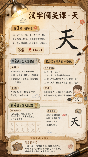 生成一张儿童汉字书法练字教学海报，整体风格温馨复古，参考图中复古笔记本和台灯背景，排版包含以下完整内容：

标题：汉字闯关课 - 天

第1关：猜字谜
谜面：比“大”多一横，比“夫”少一撇。
上面两横预览效果