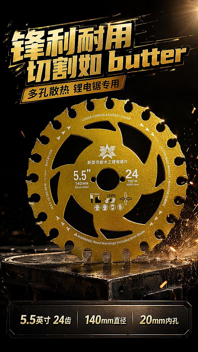 [第1屏] 详情页头图-新型节能木工锂电锯片主视觉海报。本屏使用【图1】作为商品主体。
[氛围/风格] 黑金工业硬核风，拼多多高性价比大字报风格，强烈金属质感，商业摄影级光影。
[元素布局] 金色锯片置于画面中央偏右，占比约60%，正面展示完整圆形结构、24齿、多孔散热设计；左侧留标题区；背景为深黑色渐变，右下角有飞溅的金色火花和木屑粒子效果；底部有深色金属台面承托；锯片的金色质感、齿形结构、中心孔尺寸、表面文字印刷与输入产品图保持一致。
[光影质感] 右上方强主光打亮锯片金属边缘，左侧辅光提亮齿部细节，底部反射光增强立体感，火花处有暖光点光源点缀，整体明暗对比强烈。
[配色色系] 全局底色 #0A0A0A 深黑渐变；主色金色 #D4A017；辅助色橙红火花、白色标题文字。
[视角构图] 正面微俯视，锯片为绝对视觉中心，阅读动线左上标题 → 中部产品 → 底部卖点条。
[文字版式] 左上大标题区：主标题「锋利耐用 切割如 butter」，副标题「多孔散热 锂电锯专用」，粗黑体金色描边；底部横向信息条：「5.5英寸 24齿」「140mm直径」「20mm内孔」三个参数标签；文字不遮挡锯片主体。
[比例分辨率] 9:16 竖版比例，4K分辨率，文字清晰可辨，高清画质。
[负向提示词] 锯片变形，齿数量错误，颜色偏差，结构错乱，水印，文字模糊不清，背景杂乱，产品比例失调。
