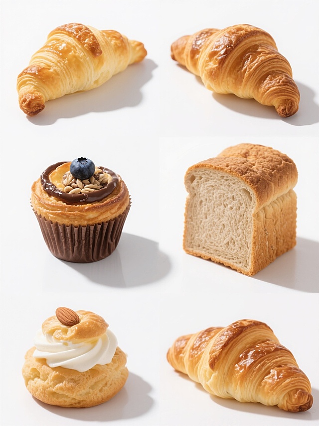 一张展示6款不同烘焙点心的系列素材集合海报，采用纯白色纯色背景，保持高分辨率食物摄影风格，每款点心都具有超写实的质感表现——金黄酥脆的表皮、细腻的层次感、自然的光影过渡和清晰的纹理细节。6款点心（包括牛角面包、巧克力丹麦酥、蓝莓麦芬、全麦吐司、奶油泡芙、杏仁可颂）呈规整的2×3网格排布，彼此间距均匀，构图平衡。整体画面明亮通透，光线从斜上方柔和照射，形成自然的高光和阴影，突出食物的立体感和新鲜感。无任何文字、LOGO、二维码或装饰元素，仅专注于展示不同烘焙点心的诱人形态和统一的高品质摄影风格，视觉层级清晰，信息传达直接，适合作为烘焙产品展示或菜单素材使用。