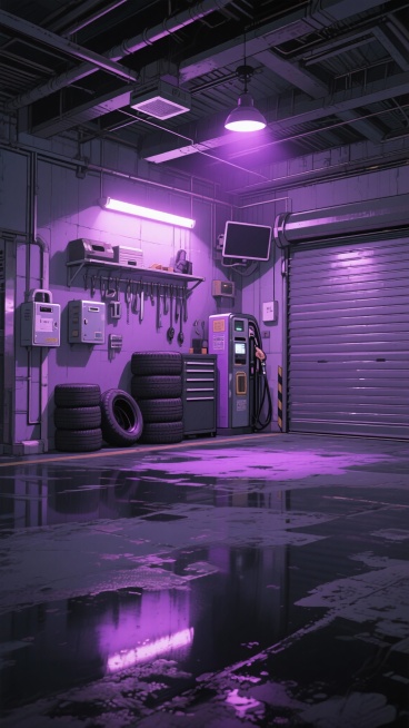 二次元，空车库，高级，细节丰富，紫黑色，氛围是魅惑、下沉，生成2张，不要人，4k预览效果