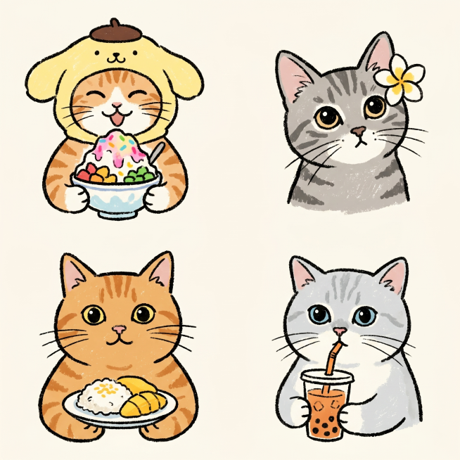 参考上传图片的蜡笔涂鸦风格，生成包含四只猫咪的插画：四只猫咪分四个区域排列：1只抱着刨冰的橘猫戴着布丁狗的帽子、1只戴着鸡蛋花的灰色狸花猫、1只端着芒果糯米饭的橘猫、1只喝着泰奶的金点银渐层猫，保留猫预览效果