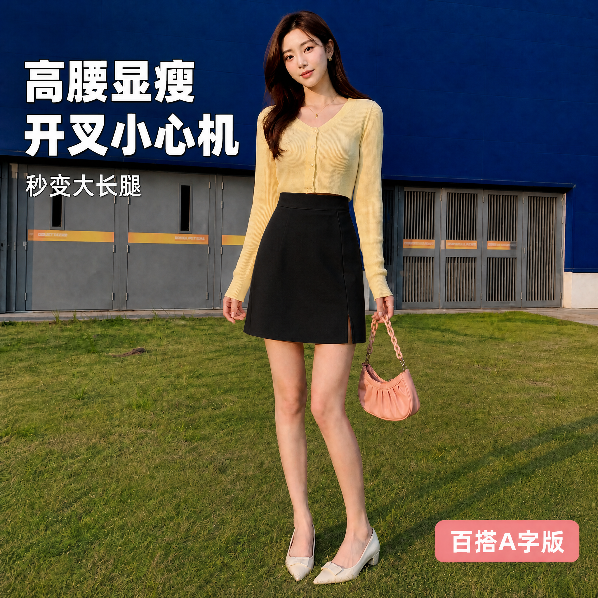 将图中白色高腰开叉A字半身短裙改为纯黑色，保持裙子的版型、结构… - 图片创意预览