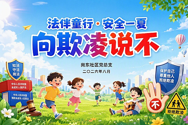 一张社区法治安全教育活动背景板设计，横版3:2比例。画面中央上方是两行大标题，第一行是"法伴童行·安全一夏"，第二行是"向欺凌说不"，第二行字体比第一行更大更醒目，字体活泼有力适合儿童主题，颜色为蓝色和红色渐变。背景以蓝天白云和绿色草地为主，画面中有卡通儿童形象快乐活动，周围有法律书籍、盾牌、安全标志、拒绝手势等反欺凌主题元素点缀，整体色调明亮温暖，充满夏日活力和安全感。主题正下方居中是署名"岗东社区党总支"，再下方居中是"二〇二六年八月"。整体设计简洁大气，适合作为活动背景板使用，专业的平面设计风格