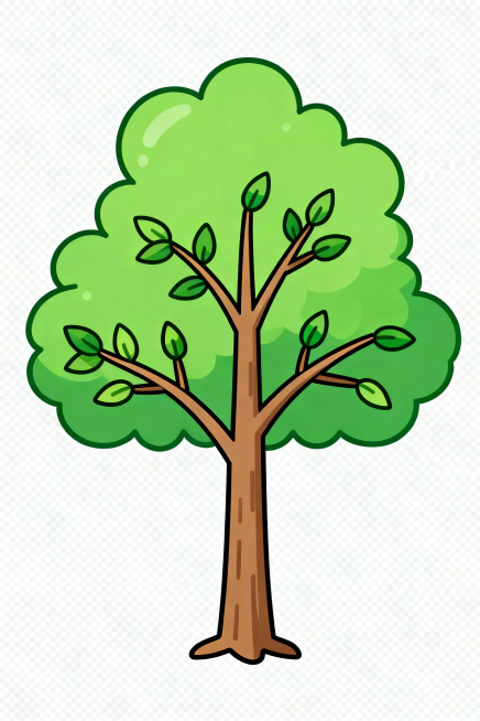 快乐农场小游戏风格的苹果树，成树阶段，只有绿叶枝条，没有花苞和果实，枝干健壮，卡通扁平插画风格，和原图界面风格保持一致，背景透明预览效果