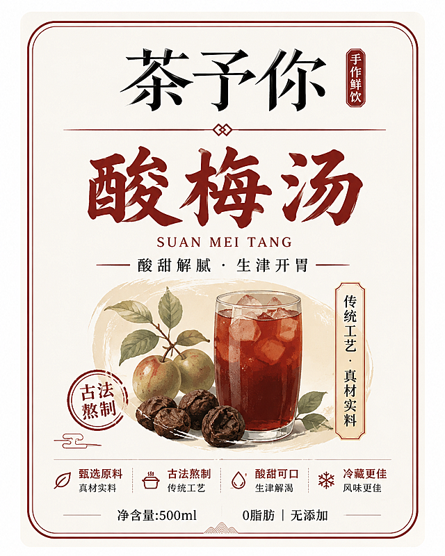 设计一张10厘米宽12厘米高的酸梅汤不干胶贴纸，使用参考图中的"茶予你"logo，风格简约国风，适合贴在白色包装袋上，保留清晰文字信息，设计干净醒目