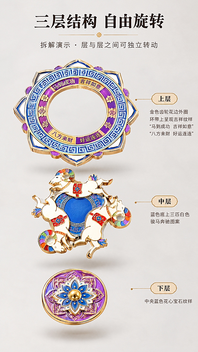 竖版产品结构拆解图，1080x1920构图。基于参考图中的旋转冰箱贴，做三层结构分解展示：上层为金色齿轮花边外圈，环带上清晰呈现吉祥纹样与“马到成功 吉祥如意”“八方来财 好运连连”字样；中层为蓝色底上三匹白色骏马奔驰图案；下层为中央蓝色花心宝石纹样。三层以等距悬浮错位排列，保持产品原本的金边蓝色配色与材质质感，浅灰白色背景，柔和棚拍光，每层下方有细腻投影。画面上方标题“三层结构 自由旋转”，下方小字“拆解演示 · 层与层之间可独立转动”，文字居中排版。