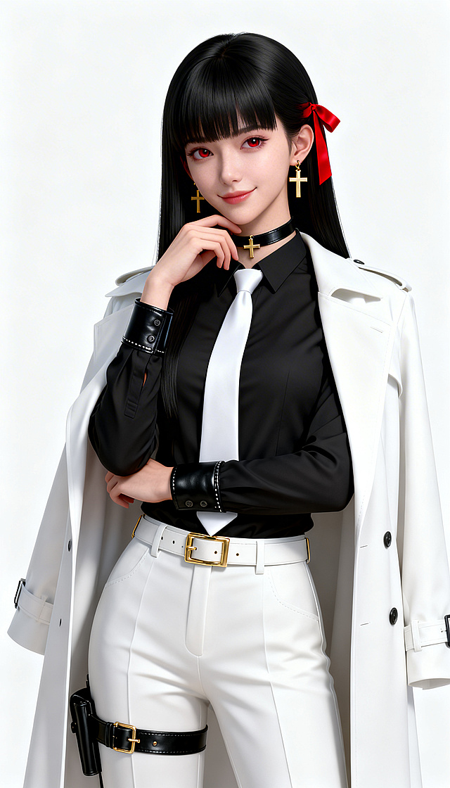 (masterpiece, best quality, ultra-detailed), 8k, 3D realistic style, Unreal Engine 5 rendering, PBR physically based rendering, physically based material, ray tracing, global illumination, cinematic lighting, 1girl, young oriental female, senior sister character setting, beautiful and delicate facial features, fair and delicate skin, subsurface scattering, clear wine red eyes, cold and elegant sister temperament, soft faint smile, jet black long straight hair, neat bangs, red ribbon on the side of the hair, realistic hair physics, slim and perfect body proportion, black slim long-sleeved shirt, white matte necktie, white long trench coat draped over shoulders, white high-waisted slim suit trousers, belt with gold metal buckles, black leather strap on thigh, black leather cuffs, black choker with cross decoration, gold cross earrings, realistic fabric texture, delicate metal material reflection, clear stitching details, one hand resting on chin, the other arm crossed over chest, full body portrait, character centered, pure white clean background, sharp focus, depth of field, no noise, true color reproduction