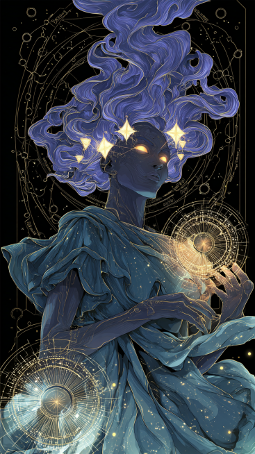 Transcendent cosmic spirit with gradient skin (deep violet to pale lavender, dotted with tiny glowin预览效果