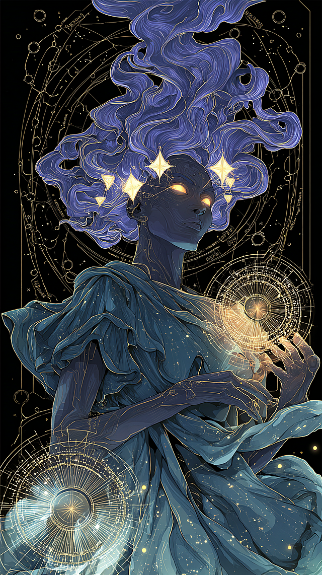 Transcendent cosmic spirit with gradient skin (deep violet to pale lavender, dotted with tiny glowing stars), glowing golden light trails flowing from fingertips; hair composed of wispy clouds and floating star fragments, framing a face with luminous slit-pupil eyes (glowing amber); billowing rich emerald green fabric with metallic gold threading (dynamic folds, tangled with nebula mist); dark cosmic background with concentric glowing silver mandalas, faint esoteric symbols drifting in the void; symbolist art, sacred ethereal atmosphere, dramatic rim lighting, ultra-detailed fabric weave and star textures, 4K wallpaper, majestic and mysterious