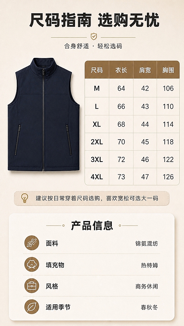 [商品] 使用【图1】藏青色马甲平铺图作为产品示意；商品处理：保留立领、门襟拉链、侧拉链口袋、分割裁片结构、藏青颜色和锦氨面料质感；自然铺平去皱，增强面料和缝线质感，不改变版型和结构。
[画面] 目标：尺码与产品信息页，更新为真实尺码数据（含4XL）。构图：竖版9:16，上半部分左侧藏青马甲平铺正面图（占40%宽度），右侧尺码表格（占60%宽度）；下半部分产品信息卡，含面料、填充物、风格、适用季节等信息。背景：浅米色哑光背景，加细腻纸张纹理。整体版式与原详情页套系统一。
[视觉] 套系策略：风格=都市商务高级商业摄影；标题字=现代无衬线粗体中文；正文字=简洁无衬线体；主色=焦糖棕+藏青；背景延展=基于暖棕灰做深浅层级、同色渐变和细腻哑光质感；强调色=金棕色，仅用于小面积图标、引线和标签；标题色=深炭灰；正文色=中暖灰；组件=圆角浅底信息卡、细线引线；光影=左前侧暖柔光，柔和阴影。
[文字] 顶部主标题：尺码指南 选购无忧；副标题：合身舒适·轻松选码；尺码表表头：尺码、衣长、肩宽、胸围；数据行：M-衣长64-肩宽42-胸围106，L-衣长66-肩宽43-胸围110，XL-衣长68-肩宽44-胸围114，2XL-衣长70-肩宽45-胸围118，3XL-衣长72-肩宽46-胸围122，4XL-衣长73-肩宽47-胸围126；选码建议：建议按日常穿着尺码选购，喜欢宽松可选大一码；产品信息标题：产品信息；四项：面料=锦氨混纺、填充物=热特姆、风格=商务休闲、适用季节=春秋冬。文字均为横排，表格清晰可读，数字准确无误。
[规格] 图片比例9:16竖版，4K分辨率，淘宝/天猫详情页风格，避免变形、错字、文字过小、冷蓝背景、颜色改变、版型失真、极限词、尺码数据错误。