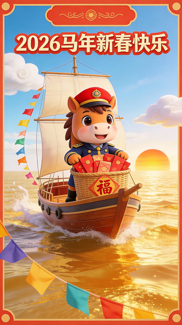 软3D风格卡通马拟人形象，身着海军制服乘船送福，融合国潮元素与喜庆色彩，传递2026马年新春欢乐氛围。
