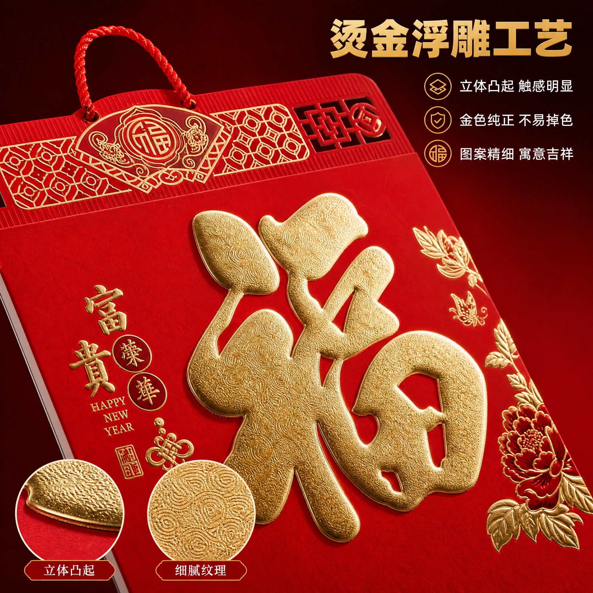 [主图-3] 2027羊年福字挂历 中国红烫金吊牌月历 烫金浮… - 图片创意预览