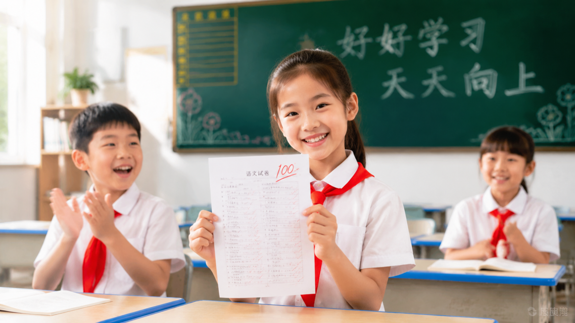 高清原创中国小学教室课堂场景，三个小学生穿着白色短袖夏季红领巾校服，前排女生拿着试卷微笑，男生鼓掌，黑板写有中文板书，明亮自然光线，16:9预览效果