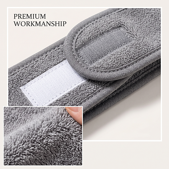 [Main Image 4 - Detail Close-up Image] Close-up display of the product detail, show the workmanship, material and structure, enhance the texture and trust. [Atmosphere Style] High-detail product close-up commercial photography. [Image Quality] Commercial photography texture, soft and transparent light, clear and real product, high-definition detail, clean and advanced picture. [Elements] Close-up of two key details of the gray headband: 1. Close-up of the velcro closure part, show the firm sticky surface and neat suture; 2. Close-up of the microfiber fabric side, show the soft fluffy absorbent fiber texture. Use picture-in-picture layout, one large detail and one small detail, the picture is rich and the level is clear. Keep the appearance (physical structure, material texture, color) of the gray spa facial hair band absolutely consistent with the input product image, eliminate any deformation and chromatic aberration, fine processing. Light off-white background, focus on the product detail. [Light and Shadow] Soft directional studio light, highlight the fiber texture and suture details, clear texture, strong three-dimensional sense. [Color Matching] Main color is product gray, light off-white background, natural color, highlight the detail. [Perspective Composition] Close-up perspective, picture-in-picture layout, the main detail is the visual center. [Text Layout] Small label on the top corner, "PREMIUM WORKMANSHIP" English text, does not block the key details. [Resolution] 2K resolution, text clear recognizable, ultra high definition. [Negative Prompt] Deformation, watermark, messy text, blurred product picture, messy background.