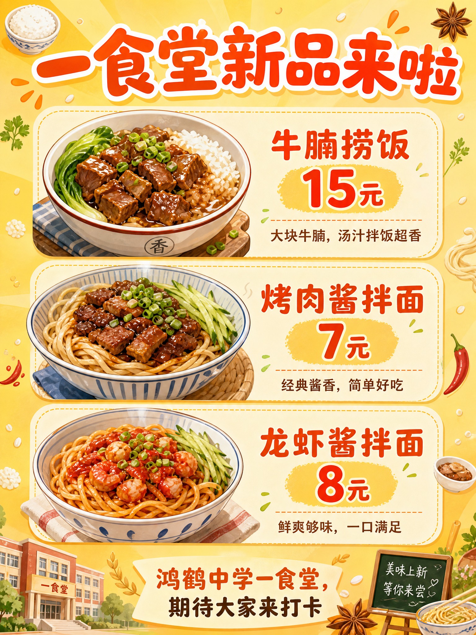 校园食堂新品上新宣传海报，3:4竖版比例，清新食欲感温暖亲切风… - 图片创意预览