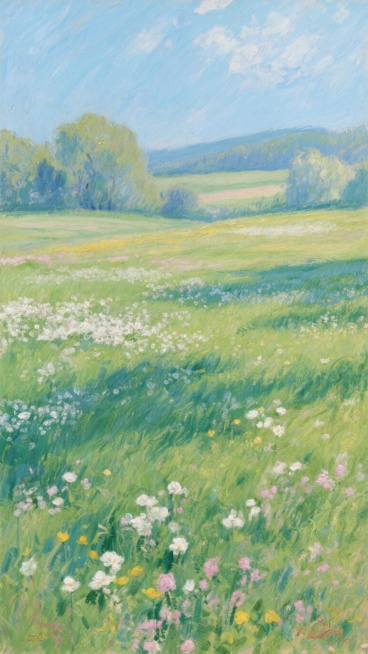 印象派风格描绘的宁静郊外风景，画面以明亮的蓝绿色调为主，草地呈现出丰富的绿色层次，点缀着白色、粉色和黄色的野花，整体笔触灵动松散，色彩明快且富有光感，营造出温暖和煦、生机勃勃的春日氛围。预览效果