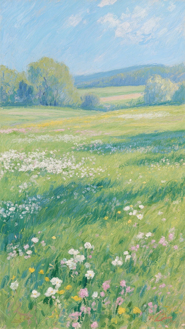 春天草地，手绘插画风格