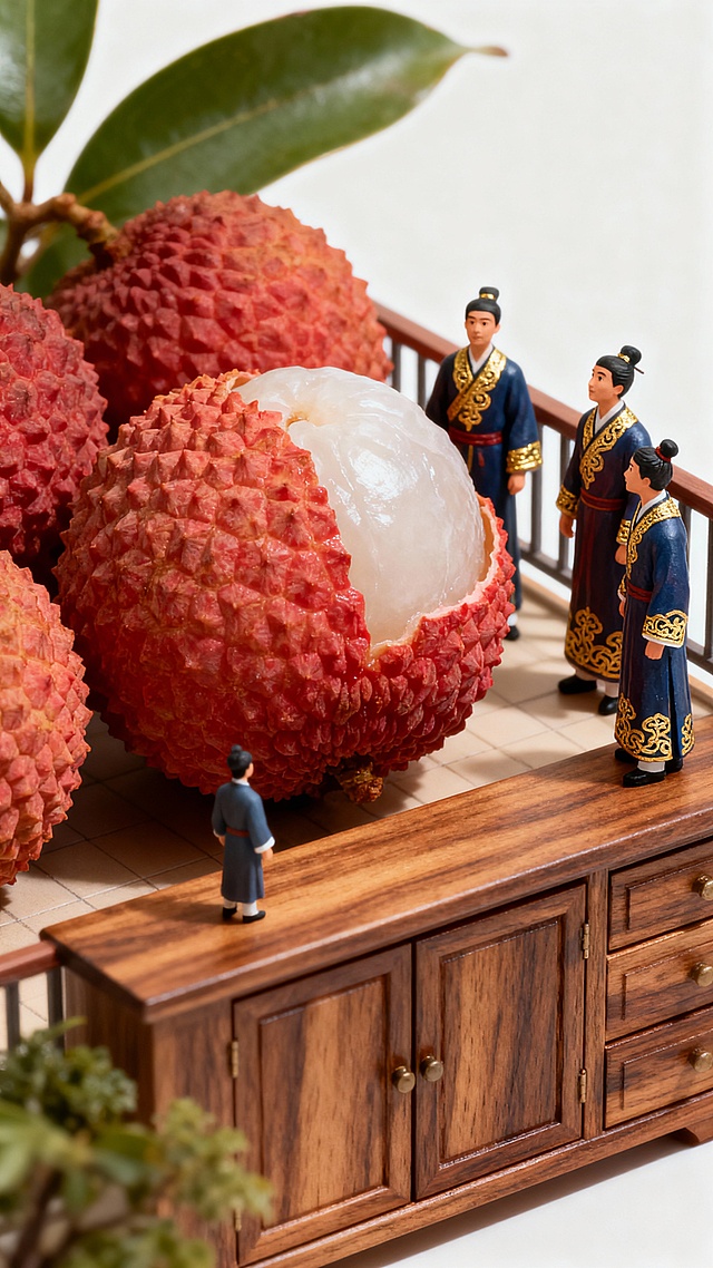 一个阳台柜，几个迷你唐装小人看着荔枝，荔枝占视觉中心