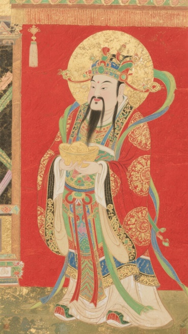 正面财神全身画像，参考图片年画风格，红色背景预览效果