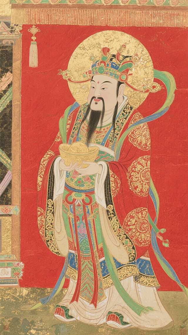 正面财神全身画像，参考图片年画风格，红色背景