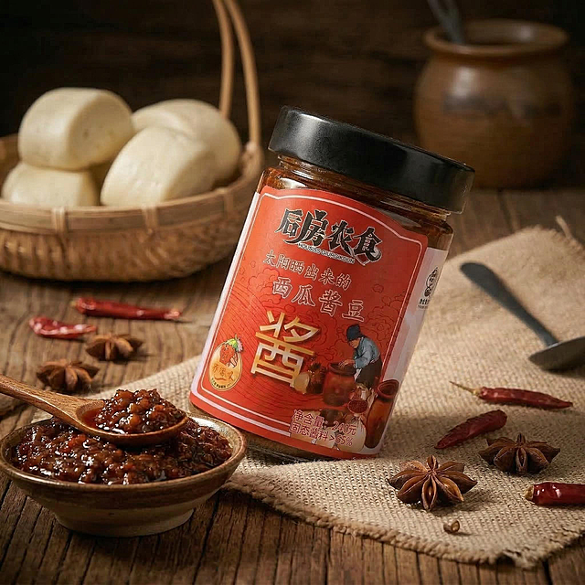 以优化后的场景为基础，瓶身标签所有文字和细节完全保留，酱体质感保持深褐色油亮颗粒状，调整道具（香料、辣椒、木勺、瓷碗、馒头篮）的摆放位置、数量和角度，改变产品放置角度和周围光影细节，暖调侧光暗调氛围保持不变，不添加额外文字，真实质感，和已有图片构图有明显差异。