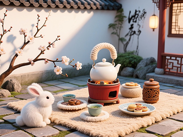 图片
毛茸茸风格，国风庭院围炉煮茶，白墙黛瓦下的青石板上，铺着浅米色毛绒毡垫，红木小炉上煮着白茶，壶柄缠着毛绒线，旁边摆着带毛绒镶边的汝窑茶杯、雕花点心盘和蜜饯罐，院角的腊梅枝斜斜搭在炉边，花瓣带着软糯的毛绒质感，一只毛茸茸的玉兔蹲在毡垫边缘，整体画面雅致慵懒，毛绒肌理均匀，低饱和国风配色，水墨感与毛绒质感融合，细节精致，古风氛围感浓厚，8K 超清