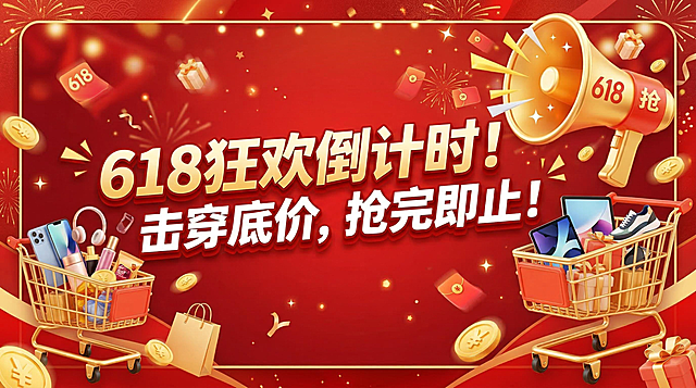 618促销横幅banner，喜庆红色背景，有强烈广告气息，周围摆放618促销商品和虚拟金币，布局宽松不紧凑，简洁大气足够吸引人，右上角有大喇叭，画面两边有购物车，文案为“618狂欢倒计时！击穿底价，抢完即止！”