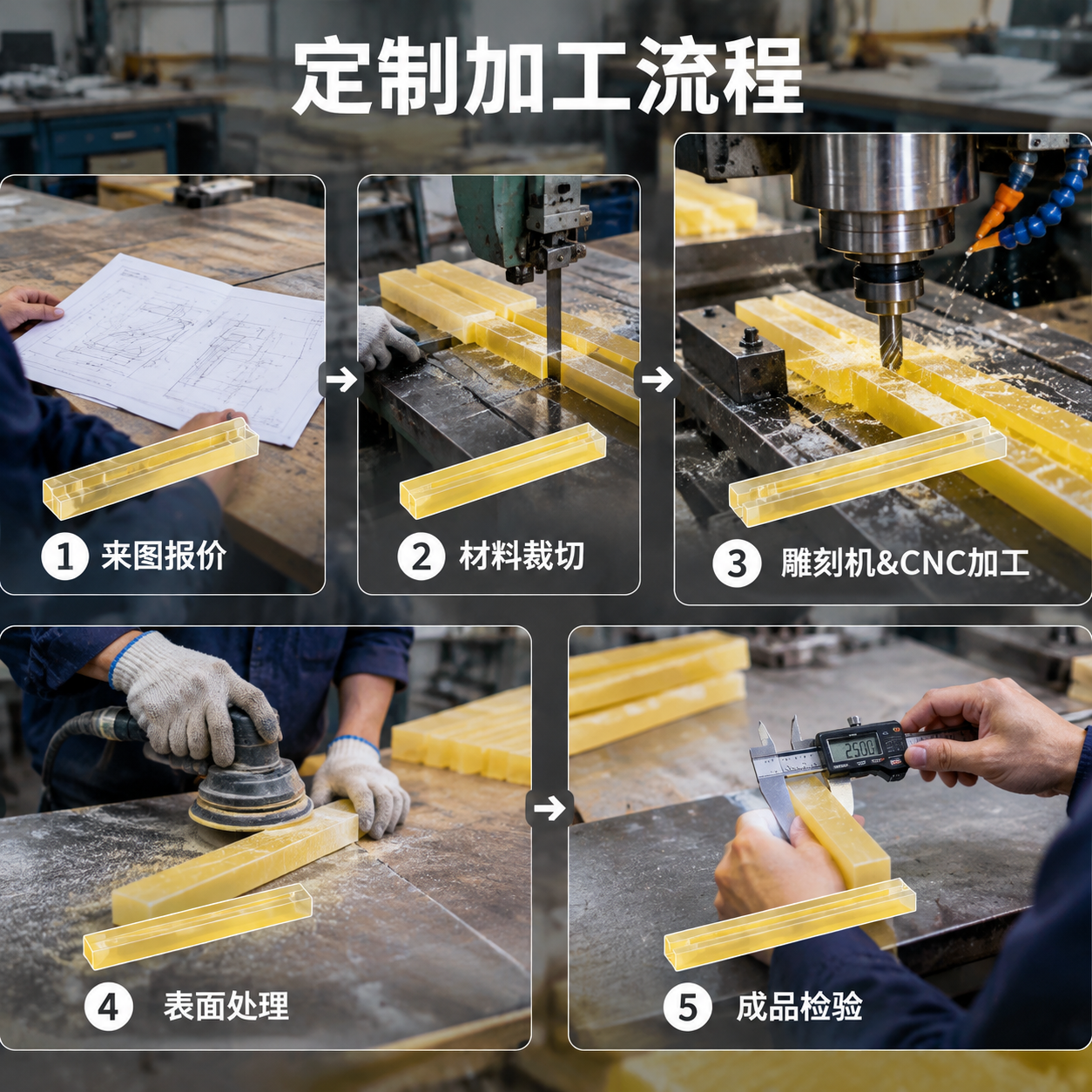 [主图-2] 定制加工流程图，展示PU聚氨酯条状零件从来图到成… - 图片创意预览