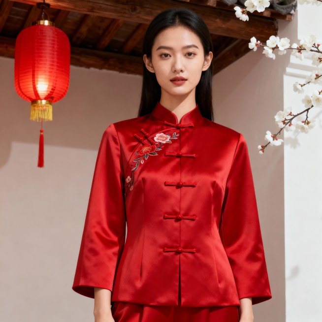 一个女性穿着红色的中式新年服装，好看美丽时尚的，站着的到膝盖的照片，不带首饰得知装扮预览效果