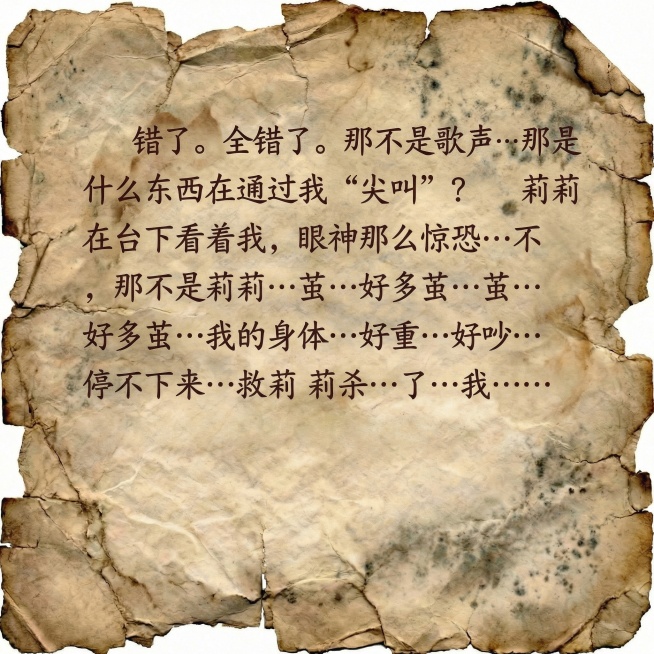 将纸张变得更破损，替换文字为：错了。全错了。那不是歌声…那是什么东西在通过我“尖叫”？莉莉在台下看着我，眼神那么惊恐…不，那不是莉莉…茧…好多茧…我的身体…好重…好吵…停不下来…救…莉莉…杀…了…我…预览效果