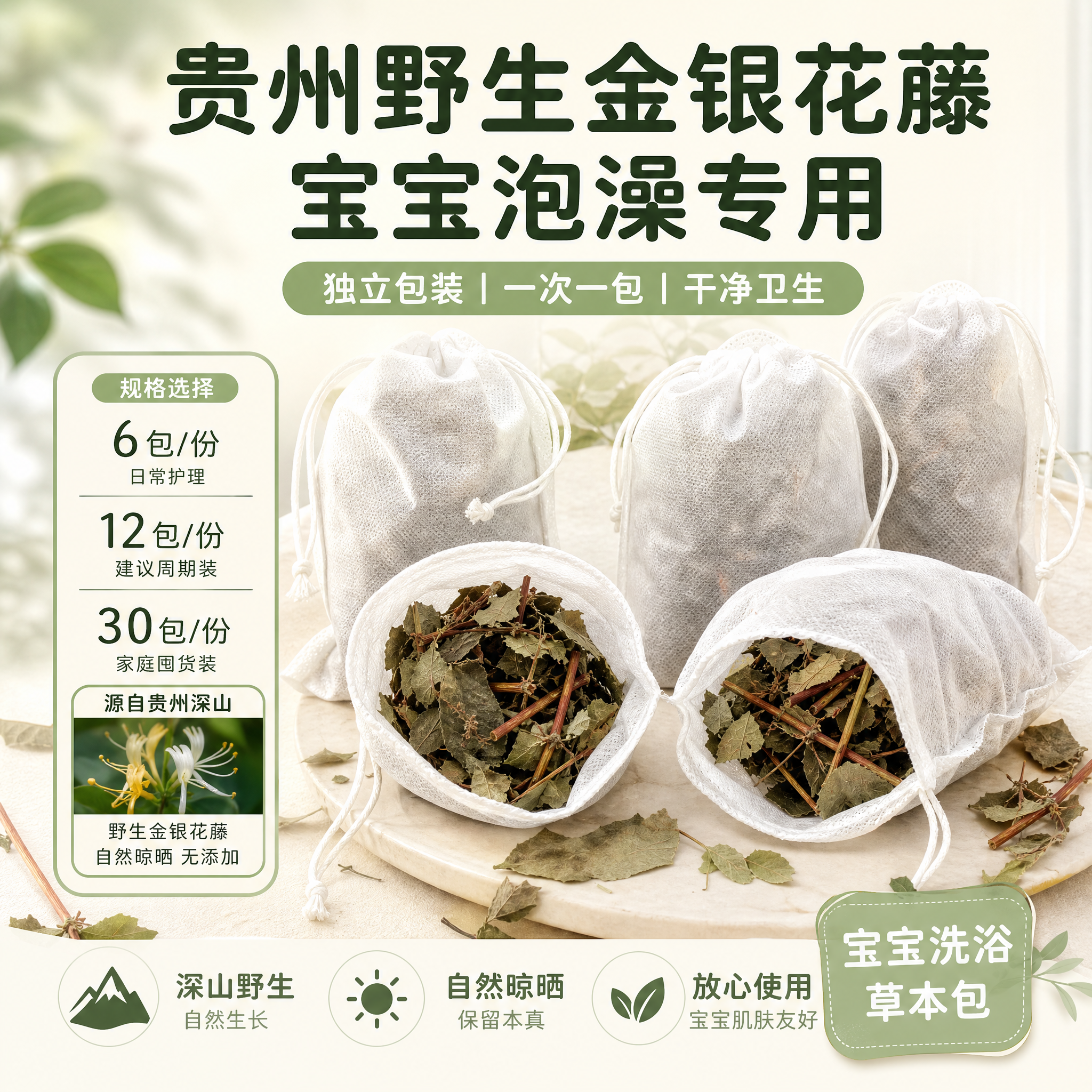 [主图-5] 规格套餐与购买转化图，展示贵州野生金银花藤泡澡药… - 图片创意预览
