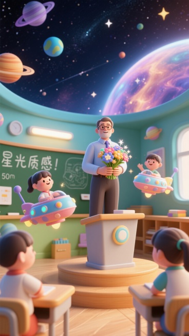 奇幻3D风格，宇宙星空教室场景，“星光质感”的教师站在悬浮讲台上，学生乘坐小飞船捧着“星光花束”，周围点缀着星球和星云，整体画面梦幻绚丽预览效果