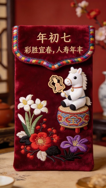 品红丝绒红包，边缘缝制七色绣线缘边。刺绣月白小马布偶坐于七宝纹绣墩，手持人形剪纸绣片。刺绣花卉：水仙（象牙白）、梅花（绯红）、兰花（黛紫）等。上方绣雅致仿乾隆体“年初七”，下方瘦金体“彩胜宜春，人寿年预览效果