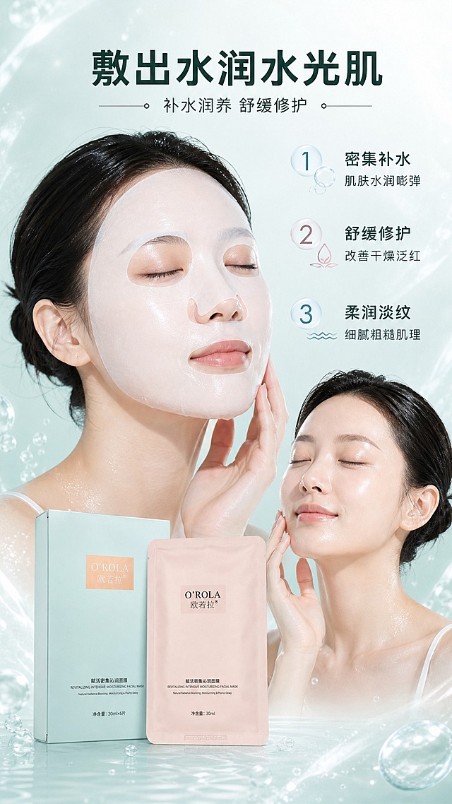 [商品] 使用【图1】欧若拉赋活密集沁润面膜外盒与单片袋：浅薄荷绿哑光外盒、浅粉色单片袋，“O'ROLA 欧若拉”“赋活密集沁润面膜 REVITALIZING INTENSIVE MOISTURIZING FACIAL MASK”“30ml×6片”“30ml”文字完整保留，盒型袋型、轮廓、比例、颜色材质与标签版式不变。
[画面] 详情页第4张真人效果页：亚洲成年女性敷面膜使用状态，面膜贴合脸部、五官对齐，肌肤水润饱满，闭眼放松；揭膜后的水润光泽感作为呼应；产品外盒与单片袋融入画面下部，与人物同光影同色调融合，不做模块拼接；背景浅薄荷绿水光渐变+细密气泡柔光，前中后景层次分明。
[视觉] 套系策略：风格=清爽水润高端护肤商业摄影；标题字=现代无衬线粗体；正文字=简洁无衬线体；主色=清爽薄荷绿；背景延展=浅薄荷绿到水光白渐变、细腻水波纹与气泡纹理、柔光材质延展；强调色=水润蓝与柔粉，仅用于小面积图标、引线、编号徽章和局部光效；标题色=深青绿；正文色=中深青灰；组件=半透明水润圆角信息卡、细线引线、气泡icon与编号徽章；光影=顶部柔光+水光高光。
[文字] 主标题“敷出水润水光肌”，副标题“补水润养 舒缓修护”；右侧编号利益点3条：①密集补水·肌肤水润嘭弹②舒缓修护·改善干燥泛红③柔润淡纹·细腻粗糙肌理。文字仅横向排版，不遮挡面部与产品包装文字。
[规格] 图片比例9:16竖版，4K，亚洲成年女性模特，避免变形、错字、文字过小、商品外观改变、包装文字错乱、竖排或旋转文字；不出现任何平台logo、水印、二维码与绝对化宣传用语。