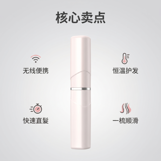 [主图 2] 核心卖点展示便携直发梳。
[氛围风格] 简约专业，轻科技感
[画质] 商业摄影质感、光线柔和通透、产品清晰真实、画面干净高级，超高清。
[元素] 保持便携直发梳产品外观（物理结构、材质质预览效果