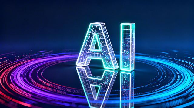 未来感与科技感交融，3D立体AI字母悬浮于霓虹光圈之上，赛博朋克风光影交织，粒子流动彰显虚拟现实之境。