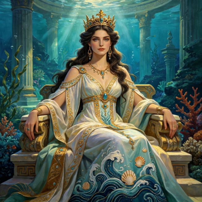 将原图中的海底女王角色统一重绘为美式写实商业插画风格，保留角色原有造型、水下王座场景、礼服配色和王冠装饰，增强写实厚涂笔触，提升商业插画质感预览效果