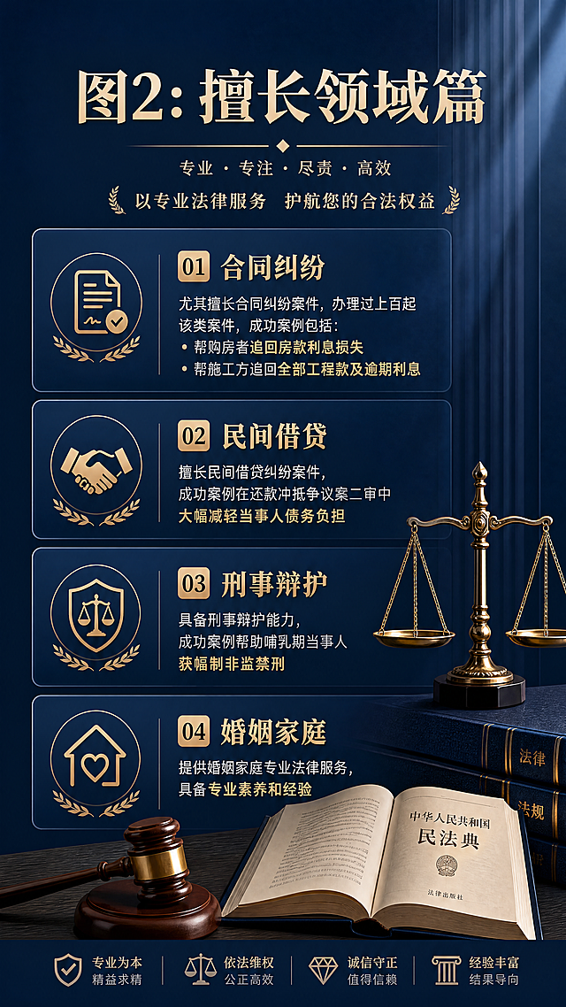 律师个人品牌宣传图，标题为「图2：擅长领域篇」，不得生成任何人物图像。包含法律相关元素，如金色天平、打开的法典、木色法槌，整体风格专业稳重，深蓝色商务背景。排版四大擅长领域：
1.合同纠纷：尤其擅长合同纠纷案件，办理过上百起该类案件，成功案例包括帮购房者追回房款利息损失、帮施工方追回全部工程款及逾期利息
2.民间借贷：擅长民间借贷纠纷案件，成功案例在还款冲抵争议案二审中大幅减轻当事人债务负担
3.刑事辩护：具备刑事辩护能力，成功案例帮助哺乳期当事人获管制非监禁刑
4.婚姻家庭：提供婚姻家庭专业法律服务，具备专业素养和经验
文字排版清晰，专业商务风，整体简约大气，符合律师行业专业形象