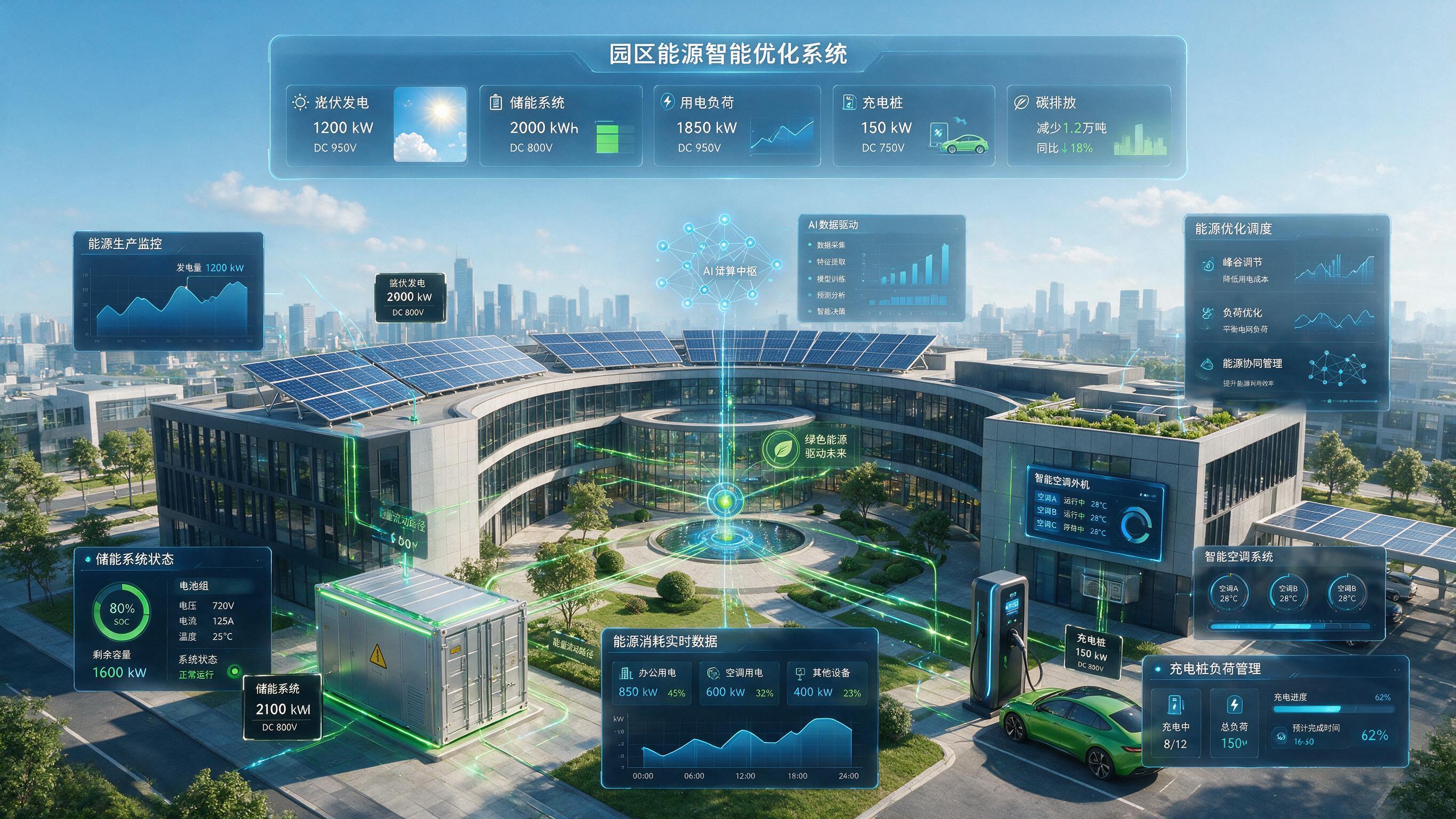 园区能源智能优化概念图，现代科技感园区全景，融合光伏发电板、储… - 图片创意预览