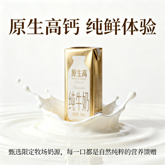 高端牛奶广告海报，整体采用极简轻奢风格，主色调为纯净奶白色搭配浅金色。画面中心摆放质感高级的牛奶盒包装，旁边溢出丝滑流动的新鲜牛奶，上方有艺术字体的标题"原生高钙 纯鲜体验"，下方搭配文案"甄选限定牧预览效果