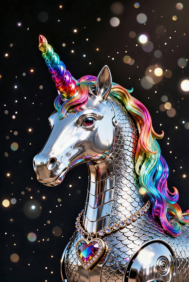 金属风独角兽，鎏银质感融合彩虹鬃毛，3D重拟物设计，未来科技与梦幻唯美感交织，虚拟现实风格，闪耀星河背景，奢华感十足。