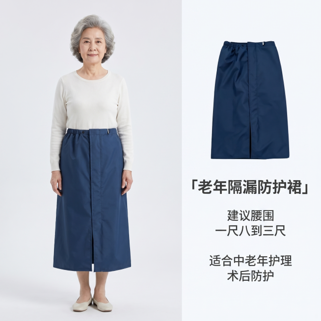 [主图 5] 老年隔漏裙尺码适用说明尾图
[氛围风格] 简约干净，信息清晰
[画质] 商业摄影质感、光线柔和通透、产品清晰真实、画面干净高级
[元素] 左侧为同一位中老年模特穿着藏青色隔漏裙全身站立图预览效果
