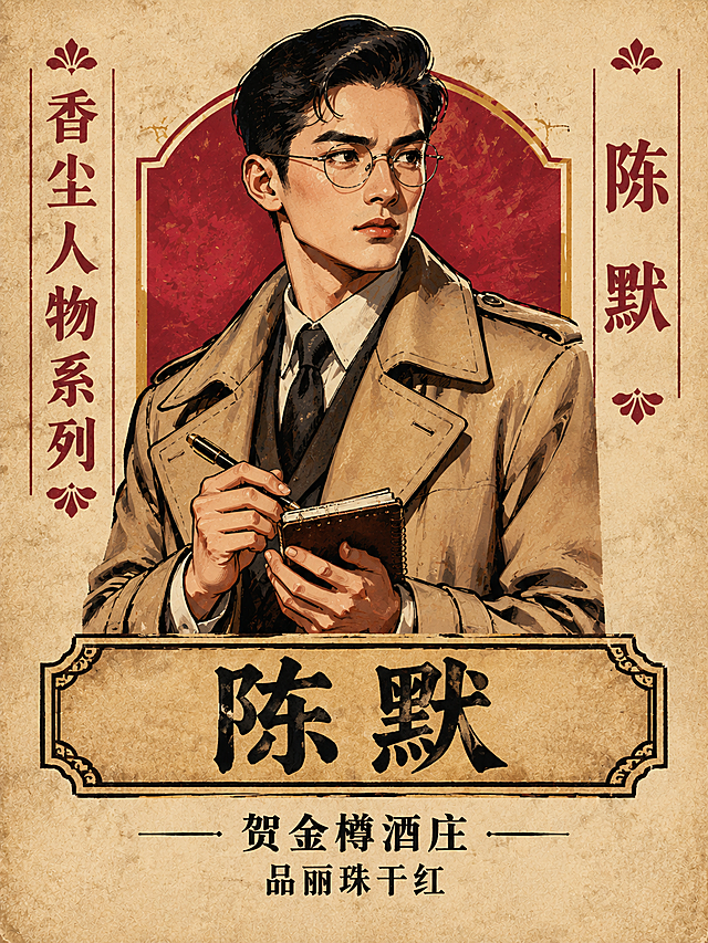 平面酒标设计，香尘人物系列，竖长方形构图。米白色做旧纸张质感背景，复古怀旧。中央是民国主笔记者陈默半身像，厚涂国潮插画风格，粗黑轮廓线，浓郁色彩，光影立体感强。男子穿卡其色风衣，白衬衫黑领带，戴圆框眼镜，梳分头，手持线圈笔记本和钢笔做记录状，眼神敏锐，面部刻画细致有个性。左侧竖排文字"香尘人物系列"，右侧竖排文字"陈默"。底部卡其底黑字横匾写"陈默"。横匾下方"贺金樽酒庄"，再下方"品丽珠干红"。平面设计，纯酒标平面稿，无酒瓶