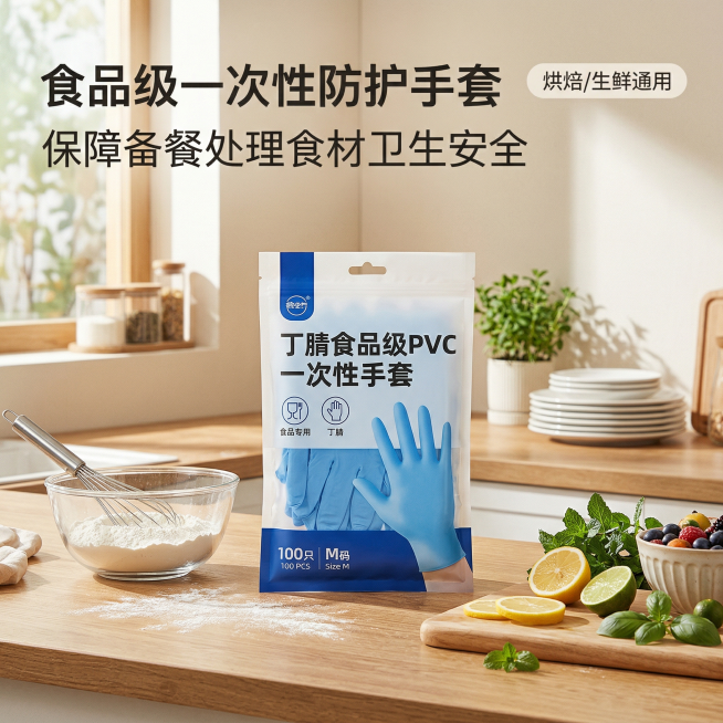[主图1：点击率首图]丁晴食品级PVC一次性手套产品主图，温馨舒适家居风格，明亮干净自然采光，画面中一包一次性手套居中展示，背景是温馨整洁的明亮厨房备餐台，台面上摆放新鲜烘焙食材，阳光从窗户洒入，营造预览效果