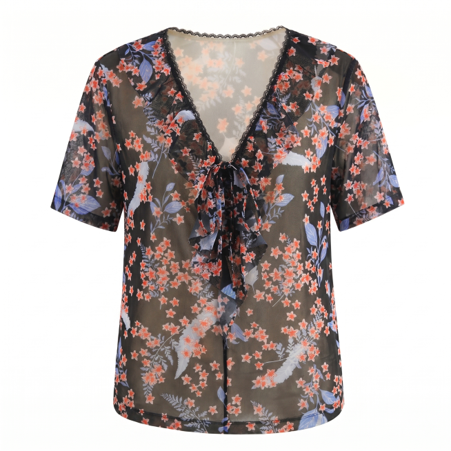 将这件碎花短袖衬衫穿在隐形人体模型上，保留服装原本的颜色、版型和所有细节不变，正面视角，呈现立体悬浮效果，保持自然垂坠和布料褶皱，无可见人物、模特或身体，使用专业光影，纯白色背景，无阴影，按原图比例，预览效果