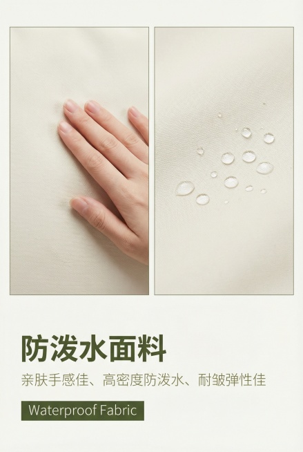 中文提示词：2:3竖版，电商详情图，简约清新风，低饱和度配色，上半部分为产品面料细节特写图（左：面料亲肤触感示意，手指轻触面料，呈现柔和纹理；右：防泼水功能演示，少量水珠落在面料表面，不渗透，体现高密预览效果